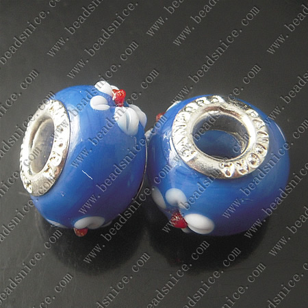 Lampwork European Beads With Plated Silver Double Core, Rondelle, 11X14mm, Hole:Approx 5MM,