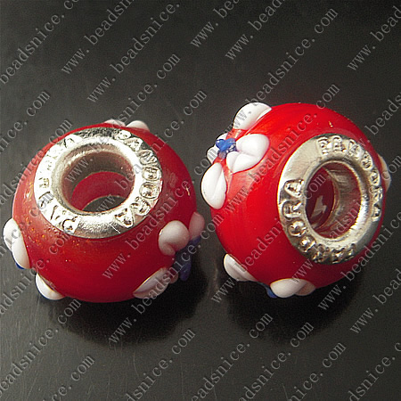 Lampwork European Beads With Plated Silver Double Core, Rondelle, 11X14mm, Hole:Approx 5MM,