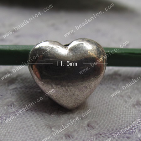 Zinc Alloy Bead,heart,11x12x7mm,Hole:4mm,Nickel-Free,Lead-Safe,