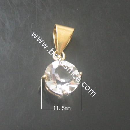 Rhinestone Brass Pendant,flat round,lead-safe,nickel-free