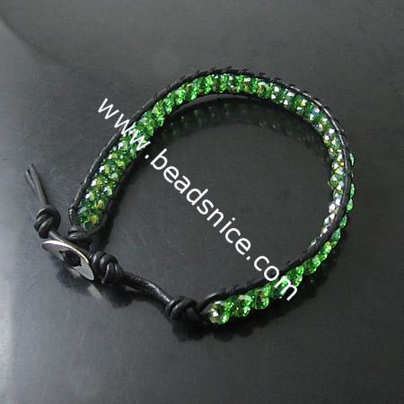 Green Crystal  Wrap Bracelets Rope Women Bracelets Stainless steel Wrap Bracelet on Natural Browm Leathe,width:6mm,6.5inch