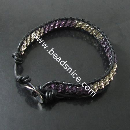 Crystal Wrap Bracelets Rope Women Bracelets Stainless steel Wrap Bracelet on Natural Black Leathe,width:6mm,6.5inch