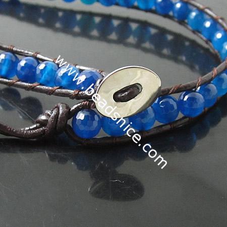 Wrap Bracelets Beautiful Blue Agate Bracelets Stainless steel Wrap Bracelet on Natural brown Leathe,width:10mm,13.5nch