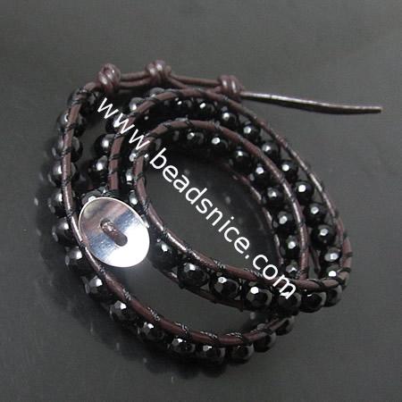  Wrap Bracelets Beautiful Black Agate Bracelets Stainless steel Wrap Bracelet on Natural Brown Leathe,width:10mm,13.5nch