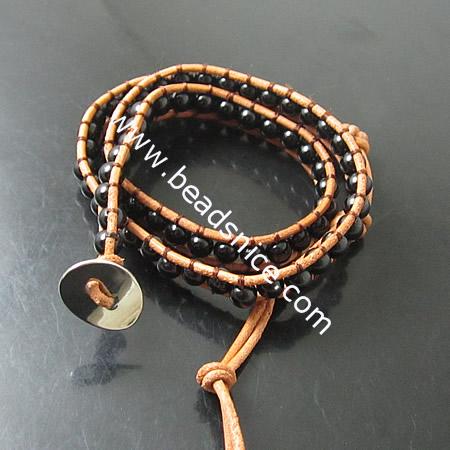 Wrap Bracelets Beautiful black Agate Bracelets Stainless steel Wrap Bracelet on Natural Light Brown Leather,width:10mm,13.5inch