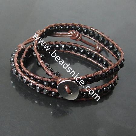 Wrap Bracelets Beautiful Black Agate Bracelets Stainless steel Wrap Bracelet on Natural Browm Leathe,width:7mm,13.5nch