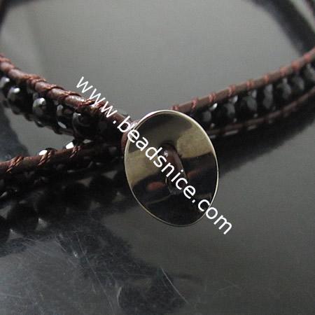 Wrap Bracelets Beautiful Black Agate Bracelets Stainless steel Wrap Bracelet on Natural Browm Leathe,width:7mm,13.5nch
