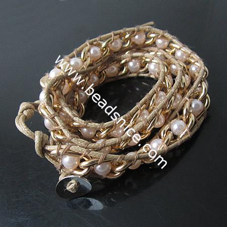New Wrap Bracelets Fashion Style Pearl Stainless steel Wrap Bracelet on Natural Leather,beads:6mm,21inch