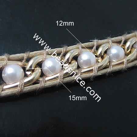 New Wrap Bracelets Fashion Style Pearl Stainless steel Wrap Bracelet on Natural Leather,beads:6mm,21inch