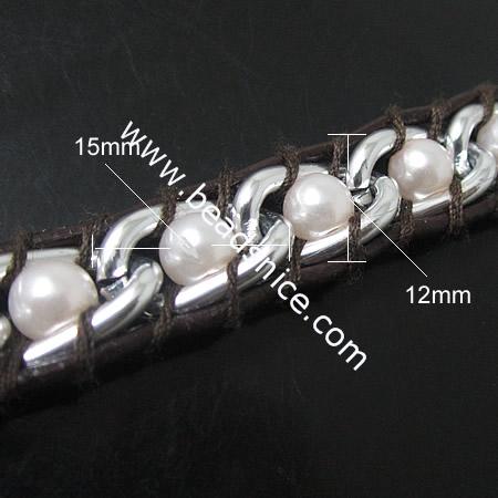 New Wrap Bracelets Fashion Style Pearl Stainless steel Wrap Bracelet on Natural Brown Leather,beads:6mm,21inch