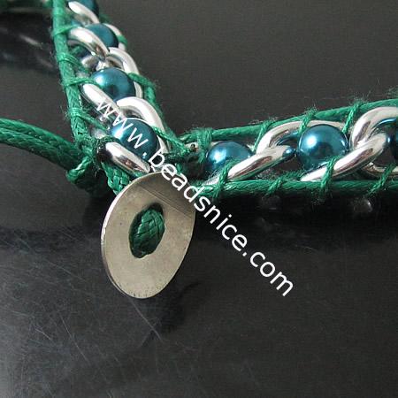 New Wrap Bracelets Fashion Style Pearl Stainless steel Wrap Bracelet on Natural Green Leather,beads:6mm,21inch