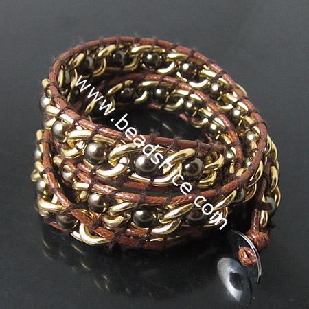 New Wrap Bracelets Fashion Style Pearl Stainless steel Wrap Bracelet on Natural Brown Leather,beads:6mm,21inch