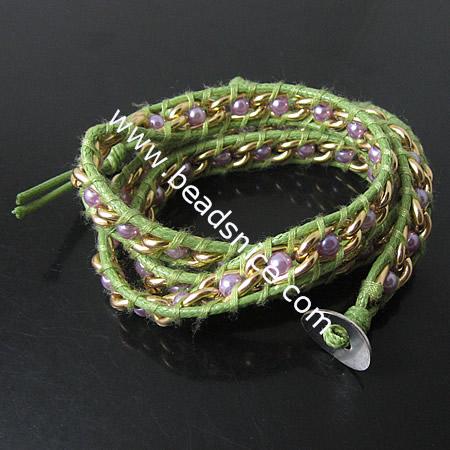 New Wrap Bracelets Fashion Style Pearl Stainless steel Wrap Bracelet on Natural  Leather,beads:4mm,21inch