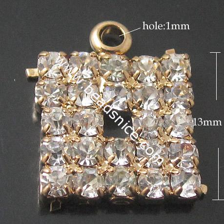 Rhinestone Brass Pendant,square,lead-safe,nickel-free,