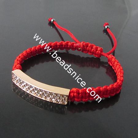 Red wax rope bracelet with zinc alloy and rhinestone,35X16mm,6inch