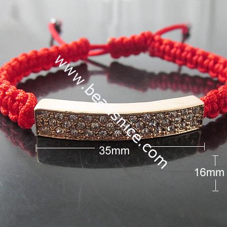 Red wax rope bracelet with Copper and rhinestone,35X16mm,6inch