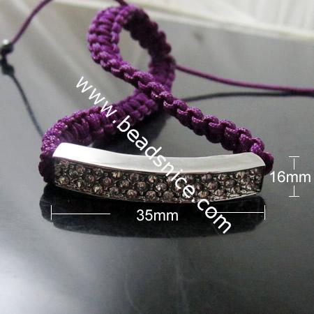 Purple wax rope bracelet with zinc alloy and rhinestone,35X16mm,6inch