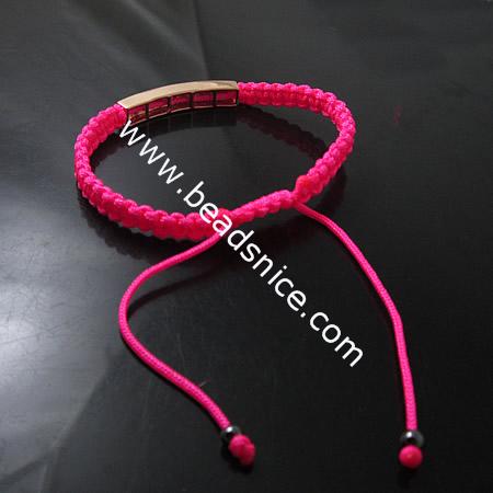 Pink wax rope bracelet with zinc alloy and rhinestone,35X16mm,6inch