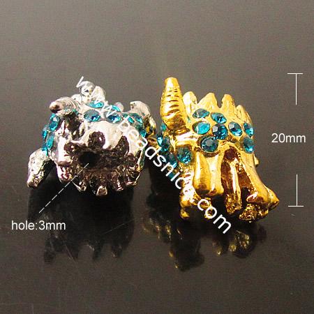 Dragon Rhinestone Beads,Zinc Alloy,Nice for Jewelry Making,20X12mm,hole:2mm