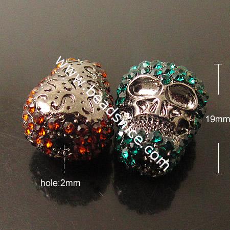 Skull Rhinestone Beads,Zinc Alloy,Nice for Jewelry Making,15X19mm,hole:2mm